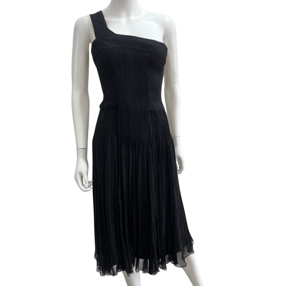 Elie Tahari Silk Plisse Black Cocktail Dress One Shoulder Size 0